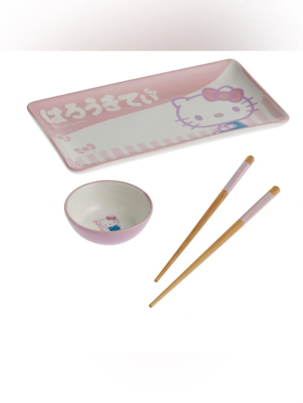 NEW Hello Kitty Pink & White Ceramic Sushi Plate Set with Blue Accent